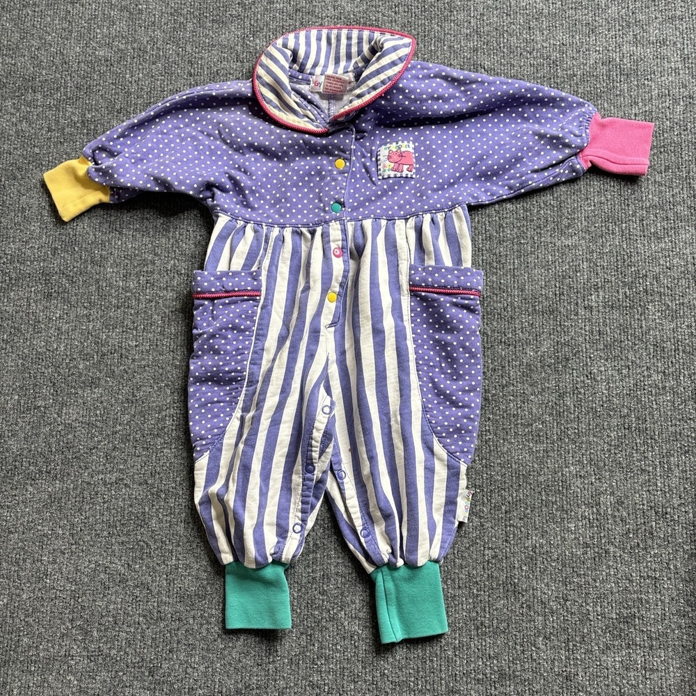 Vintage Rainbow Tag Gymboree Long Sleeve Romper Dots Stripes 1990s Infant READ